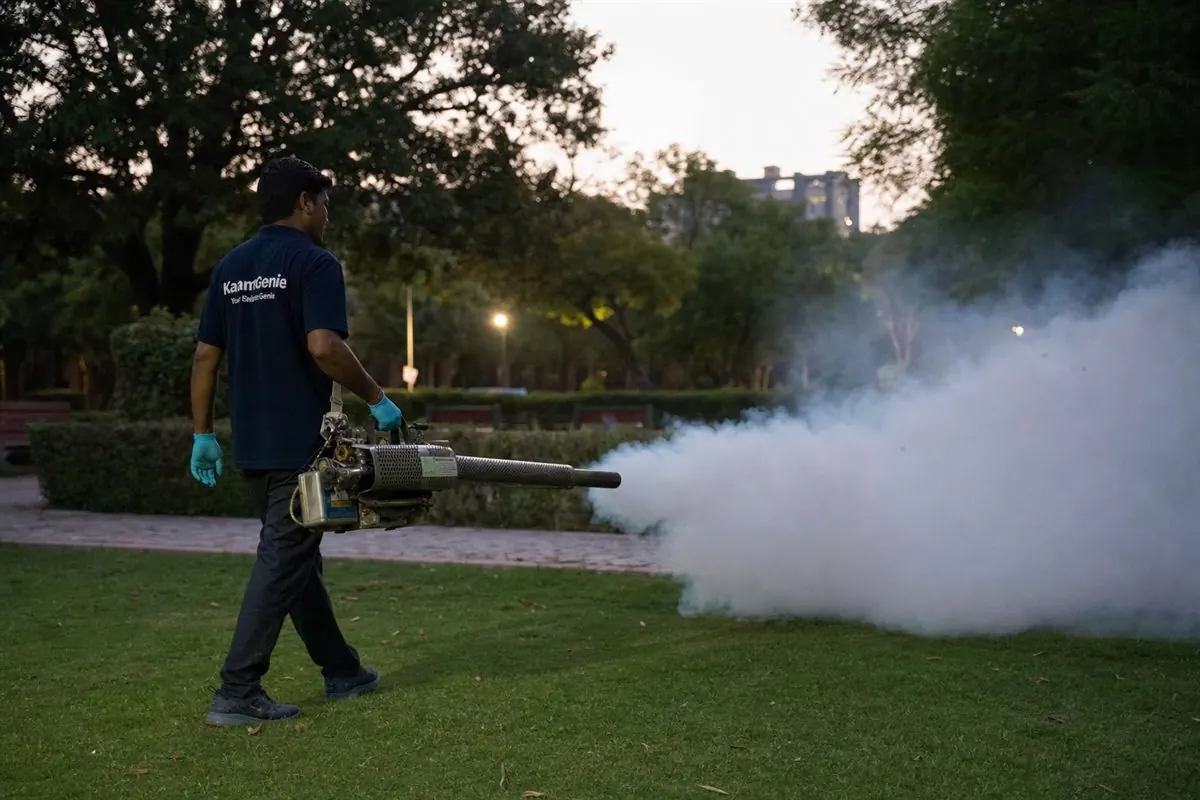 KaamGenie pest control technician treating a Burari property in North & Central Delhi