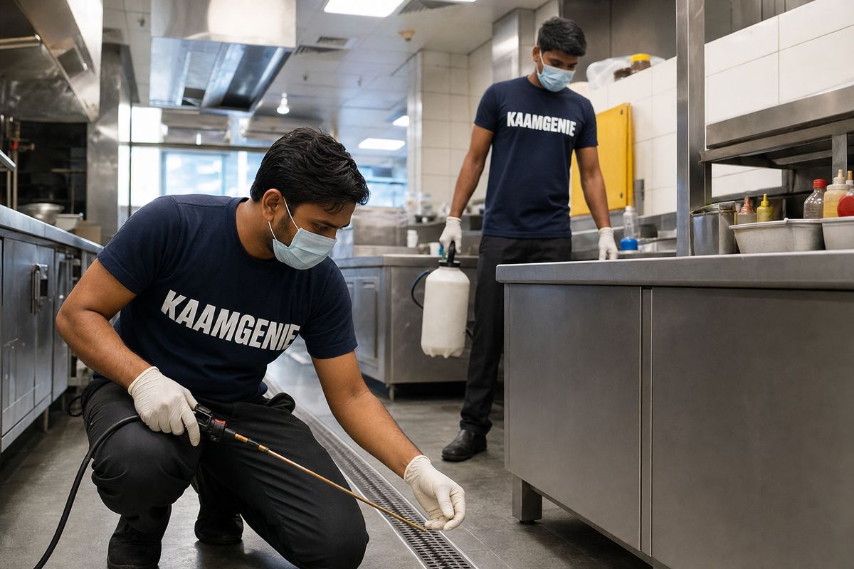 KaamGenie pest control technician treating a Chanakyapuri property in South Delhi