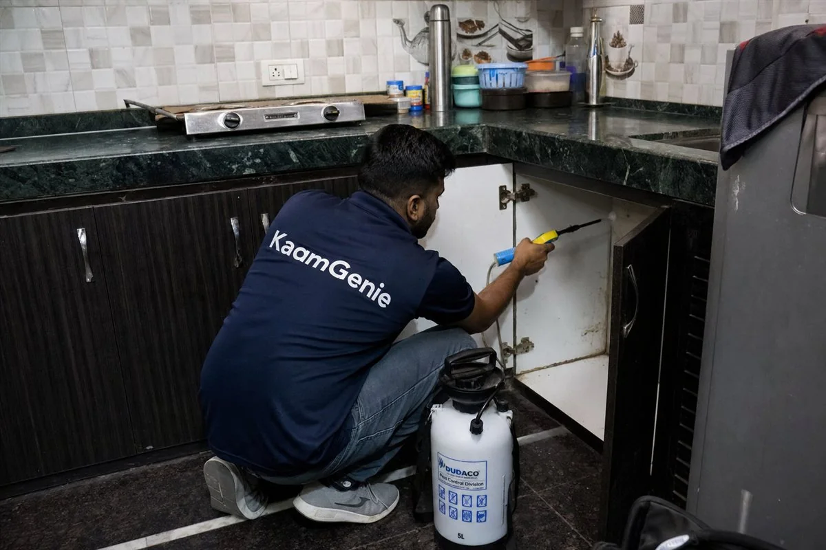 KaamGenie pest control technician treating a Chand Nagar property in West Delhi