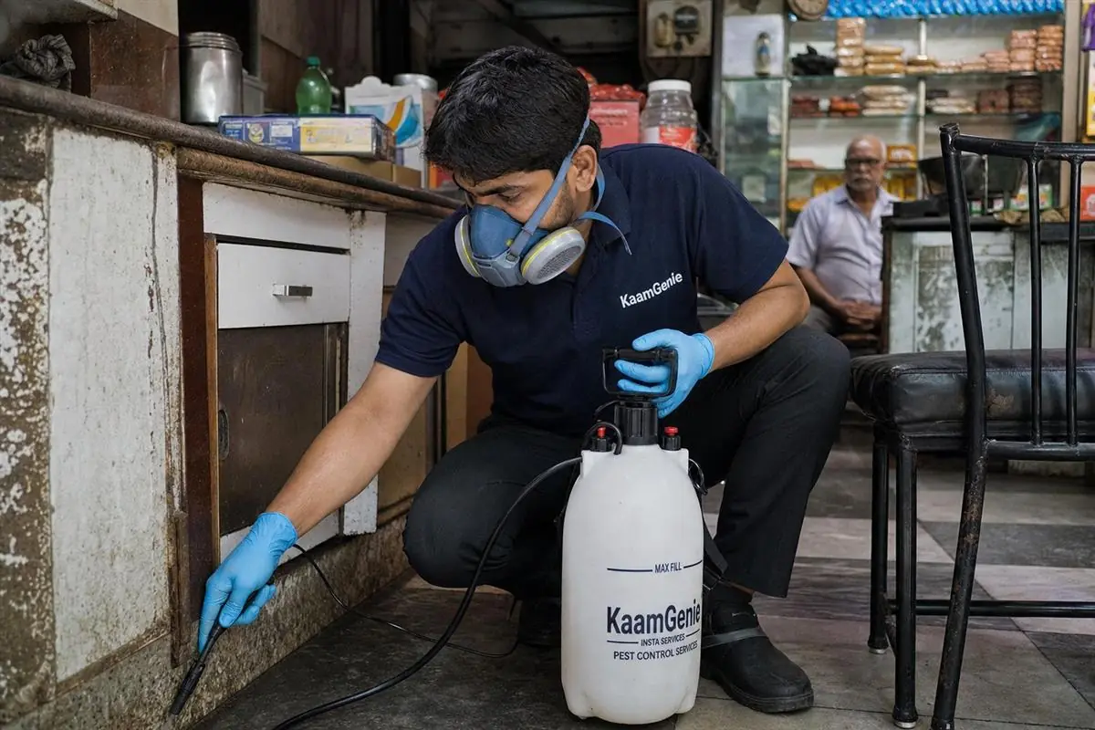 KaamGenie pest control technician treating a Chandni Chowk property in North Delhi / Central Delhi