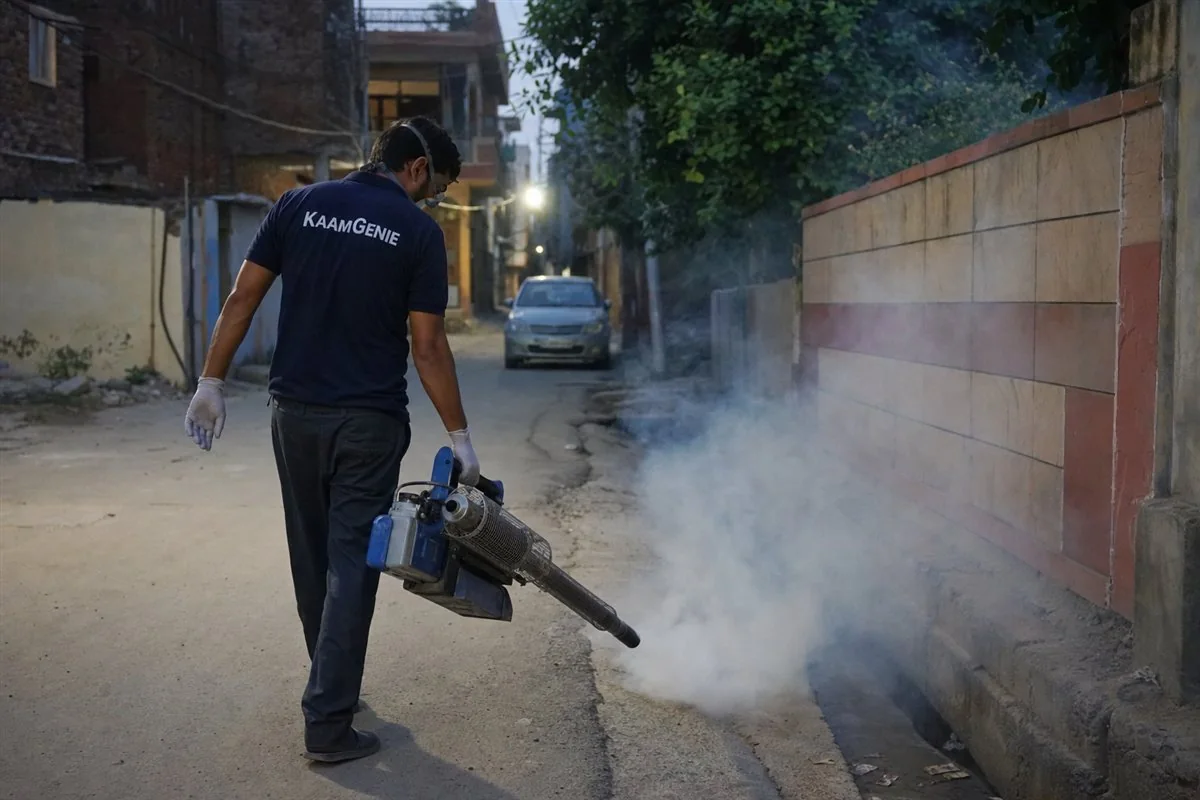 KaamGenie pest control technician treating a Chilla property in East Delhi