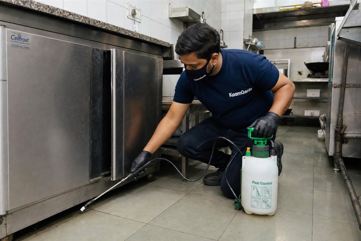 KaamGenie pest control technician treating a Connaught Place property in North & Central Delhi