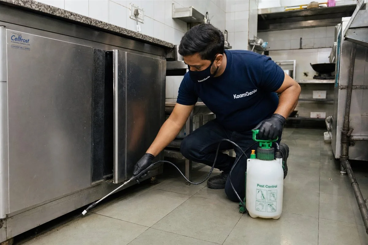 KaamGenie pest control technician treating a Connaught Place property in North & Central Delhi