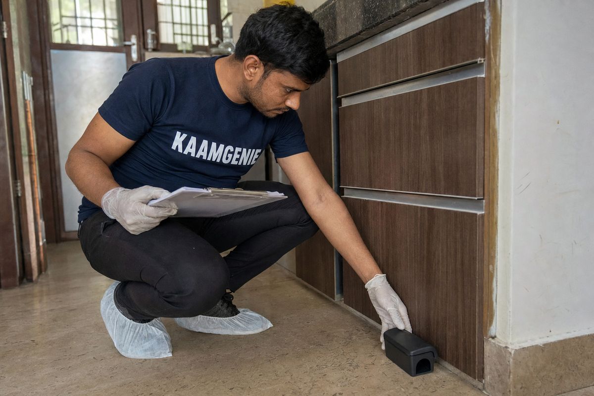 KaamGenie pest control technician on a scheduled AMC visit with a checklist clipboard inspecting a Delhi home