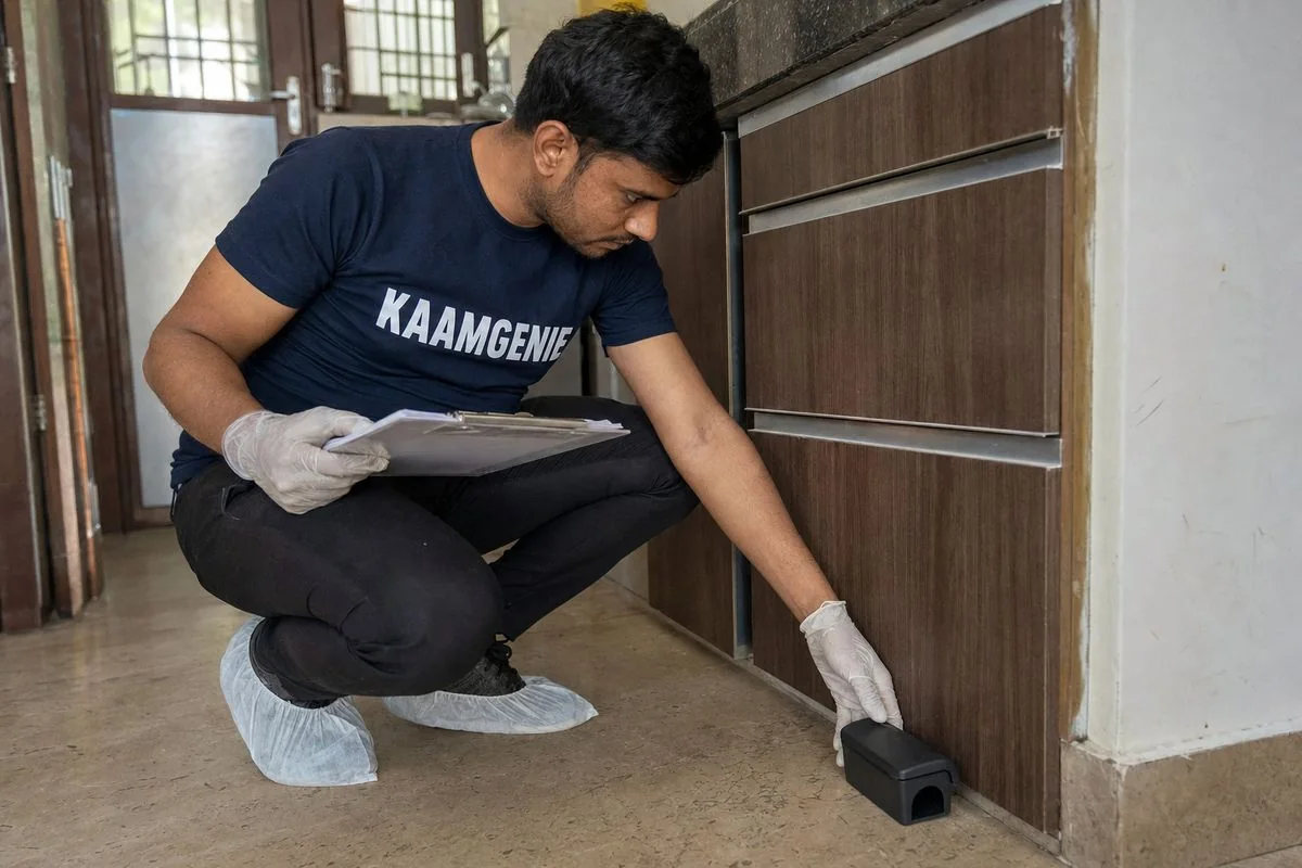 KaamGenie pest control technician on a scheduled AMC visit with a checklist clipboard inspecting a Delhi home