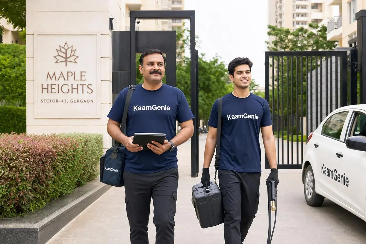 Two KaamGenie technicians arriving at a Delhi residential society for an AMC visit with tablet and treatment equipment