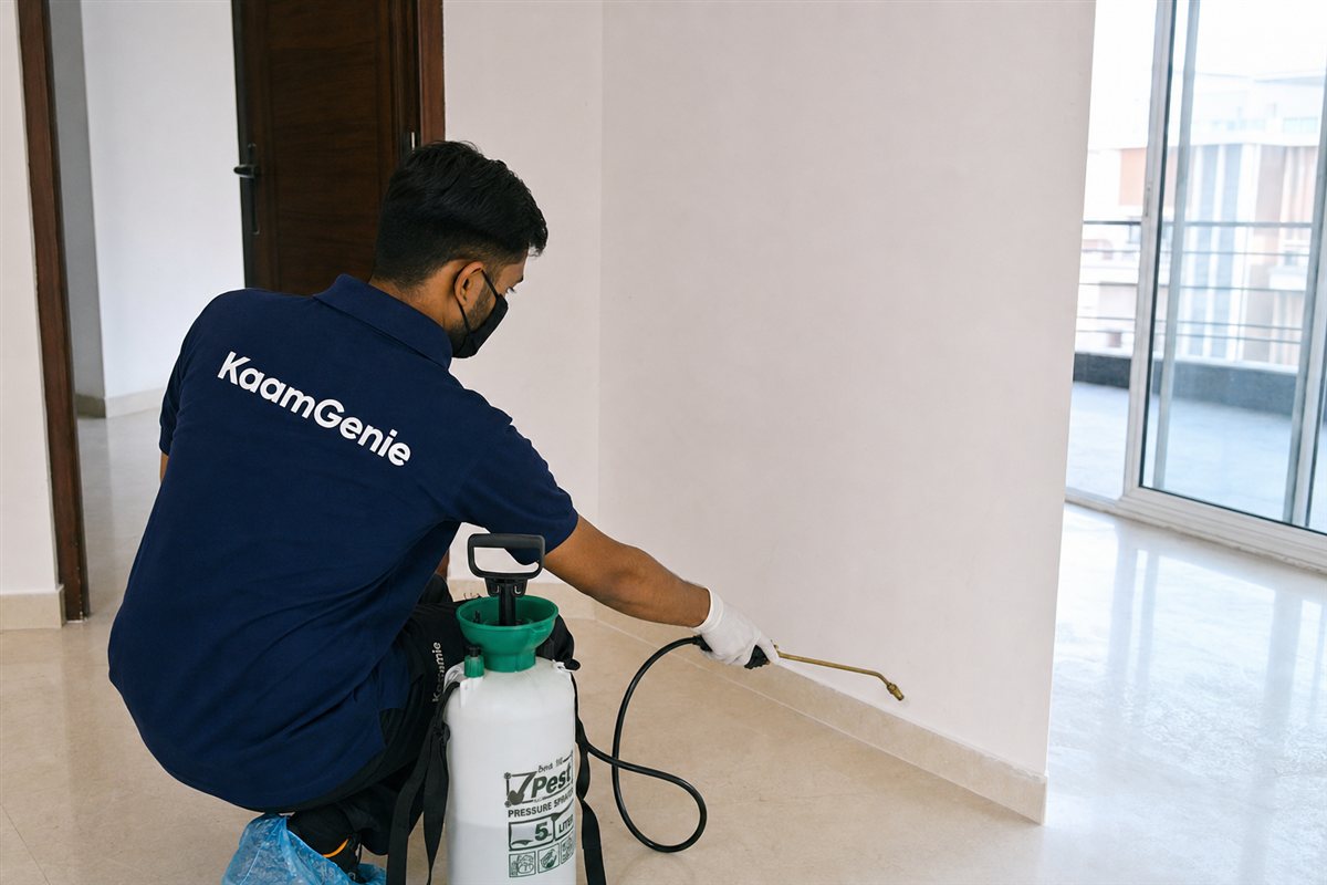 KaamGenie technician carrying out general pest control in an empty Delhi flat before the family moves in