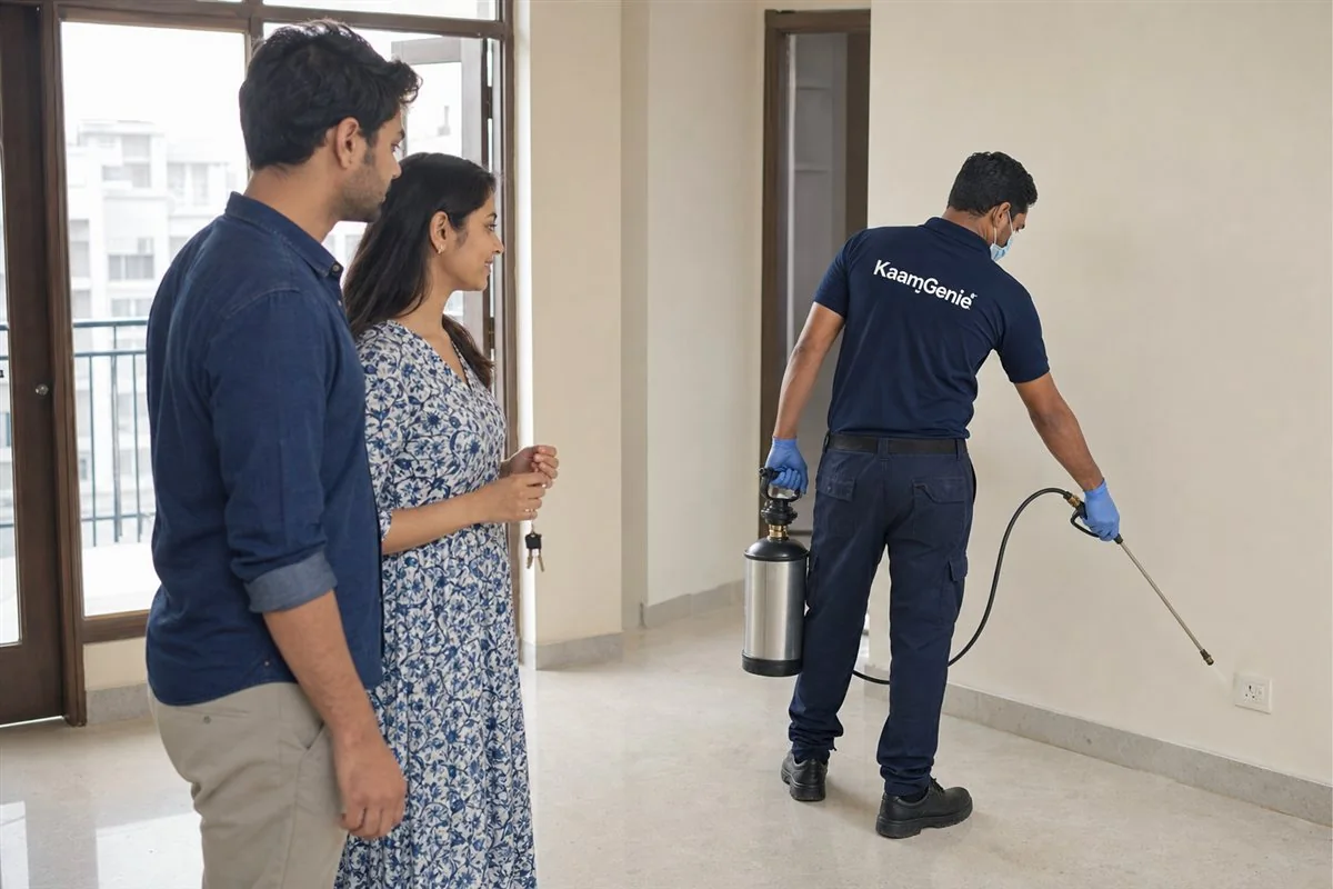 Technician sealing a pipe entry gap under the sink of an empty Delhi flat to block pest entry points before move-in