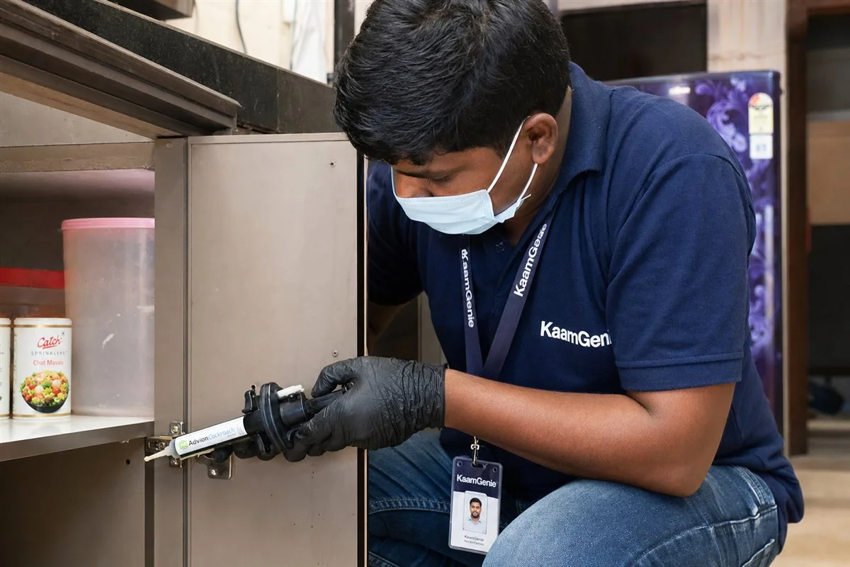 KaamGenie technician on a scheduled pest-control AMC visit at a Delhi apartment, carrying labelled equipment