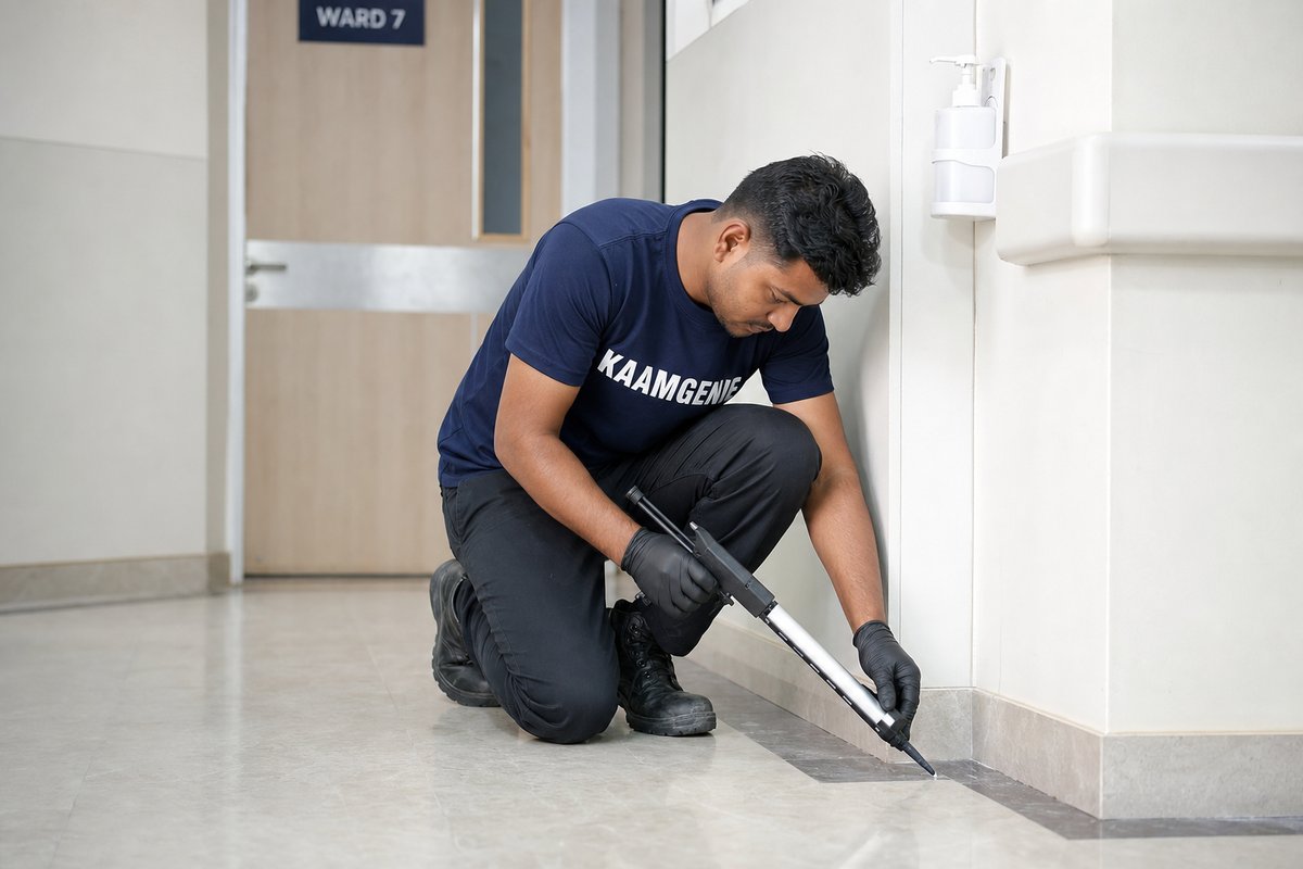 KaamGenie technician discreetly gel-baiting the skirting along a clean clinical hospital corridor in Delhi without disturbing patients