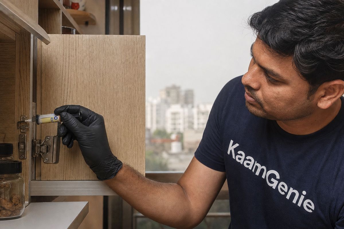 KaamGenie technician applying gel bait along kitchen cabinet edges