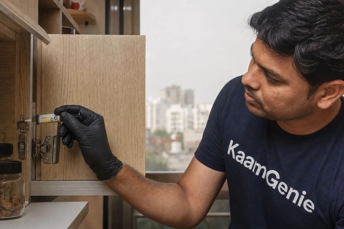 KaamGenie technician applying gel bait along kitchen cabinet edges