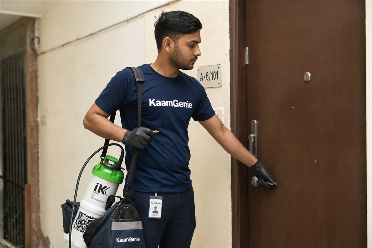 KaamGenie pest control technician in a navy branded shirt arriving at a Delhi home with treatment equipment to handle a local booking