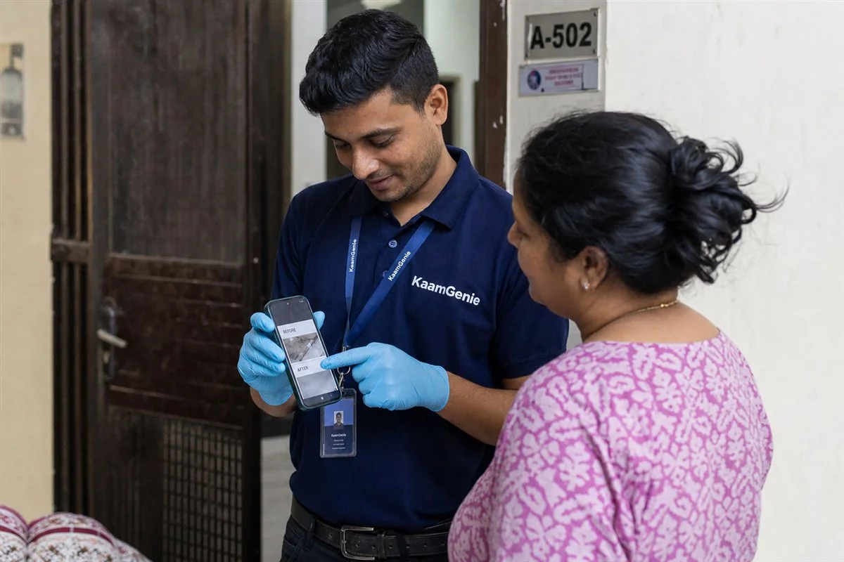 A residential street in a south Delhi neighbourhood where KaamGenie runs a local pest control crew for same-day near-me bookings