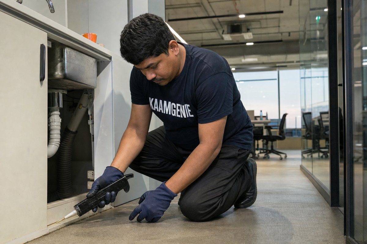 KaamGenie technician carrying out low-odour pest control treatment in an occupied Delhi corporate office floor after hours