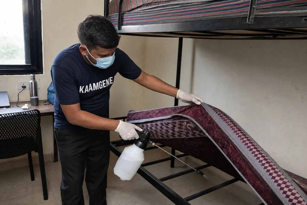 KaamGenie technician treating the seams of a bunk bed for bed bugs in a basic Delhi PG room