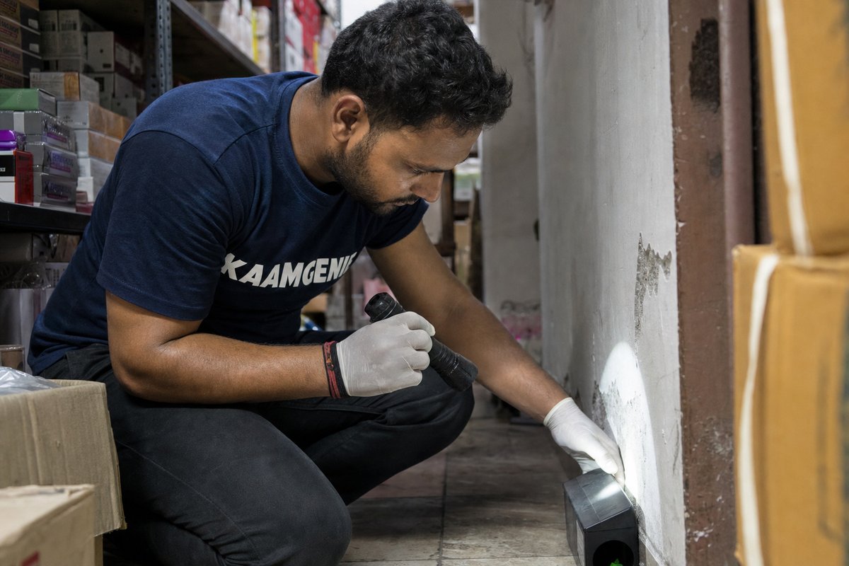 Delhi retail shop stockroom with a KaamGenie technician placing a rodent bait station behind stacked stock