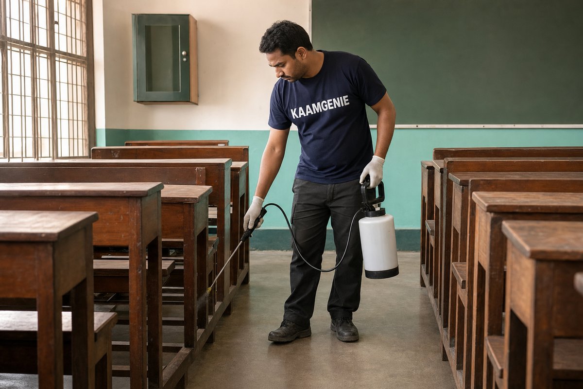 KaamGenie technician spraying skirting under desks in an empty Delhi classroom during the holidays with no children present