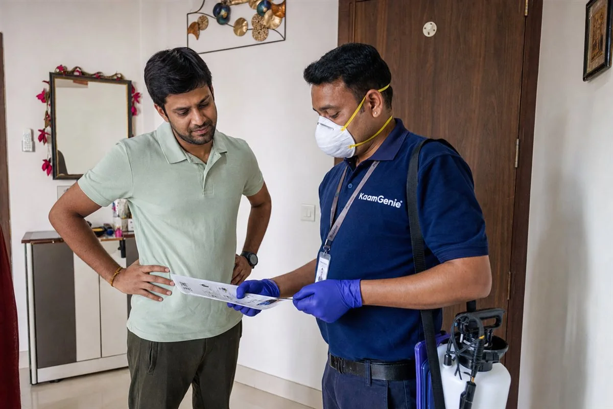 KaamGenie technician carrying out general pest control in a rented Delhi flat while the tenant looks on