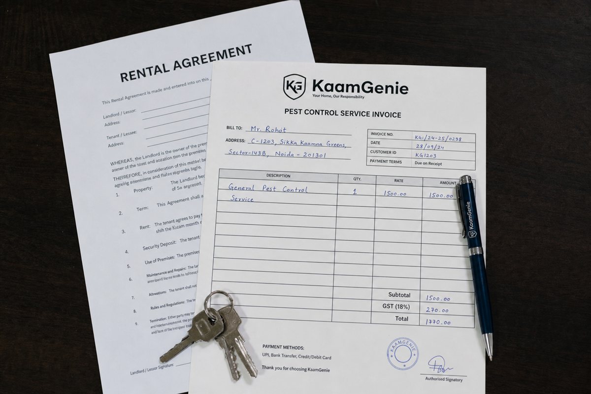 Tenant applying over-the-counter cockroach gel bait inside a kitchen cabinet hinge in a Delhi rental flat