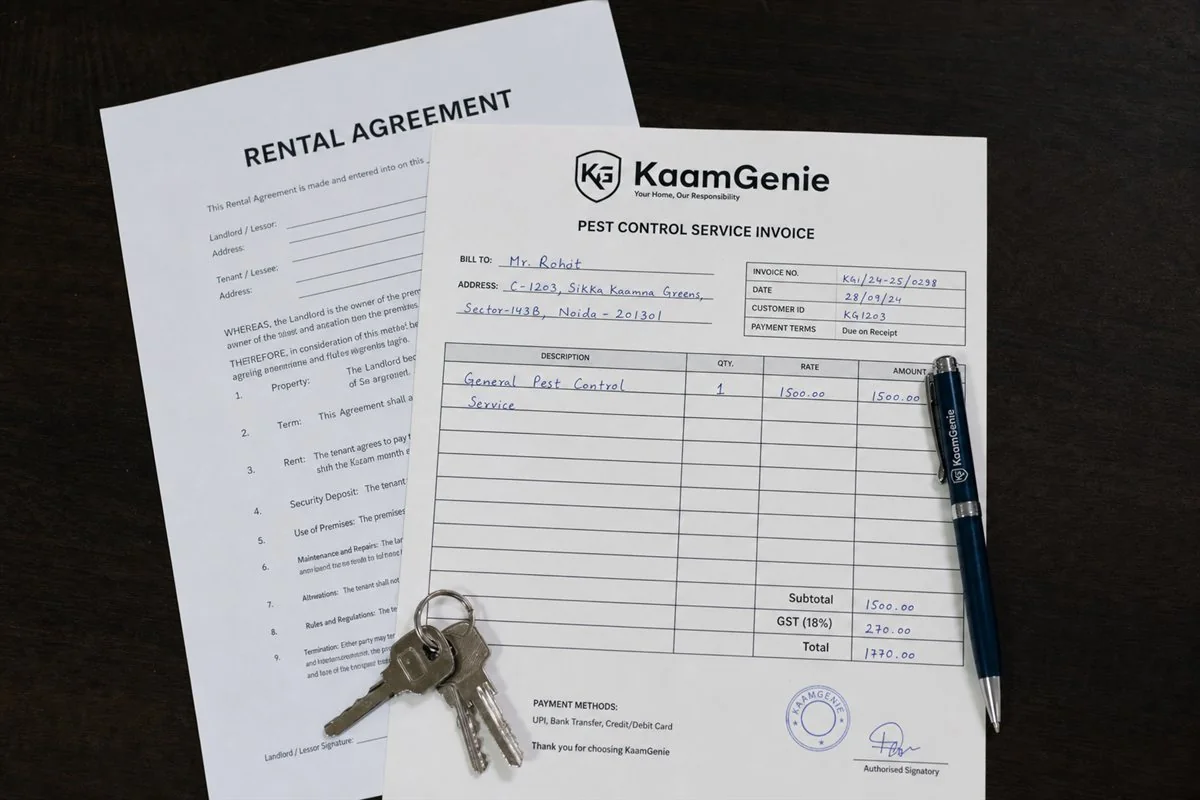 Tenant applying over-the-counter cockroach gel bait inside a kitchen cabinet hinge in a Delhi rental flat