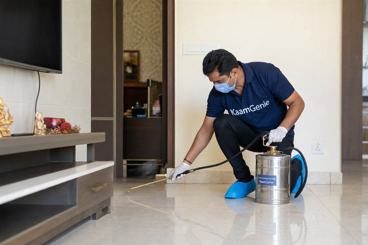 KaamGenie pest control technician in uniform inspecting a Delhi home kitchen with a torch before starting a treatment