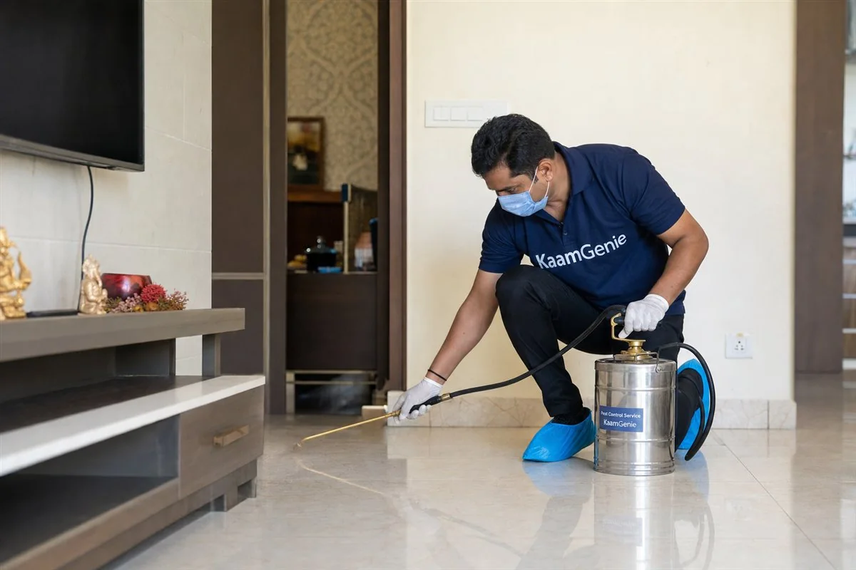 KaamGenie pest control technician in uniform inspecting a Delhi home kitchen with a torch before starting a treatment