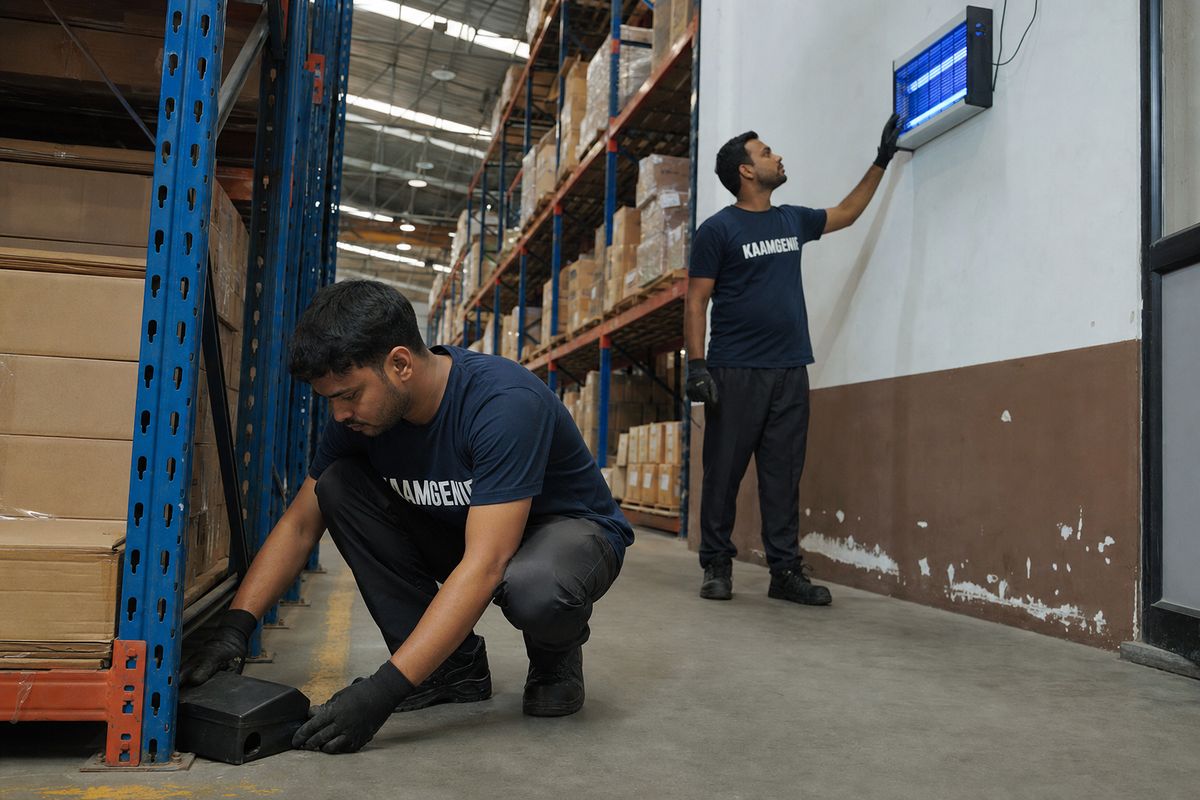 KaamGenie technician checking a bait station along the wall of a Delhi warehouse during a scheduled industrial pest control visit