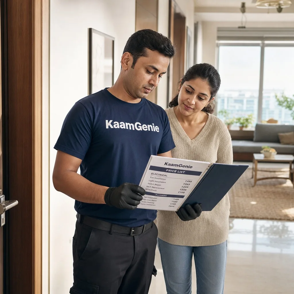 KaamGenie technician reviewing a pest control price plan with a Delhi homeowner in her apartment kitchen