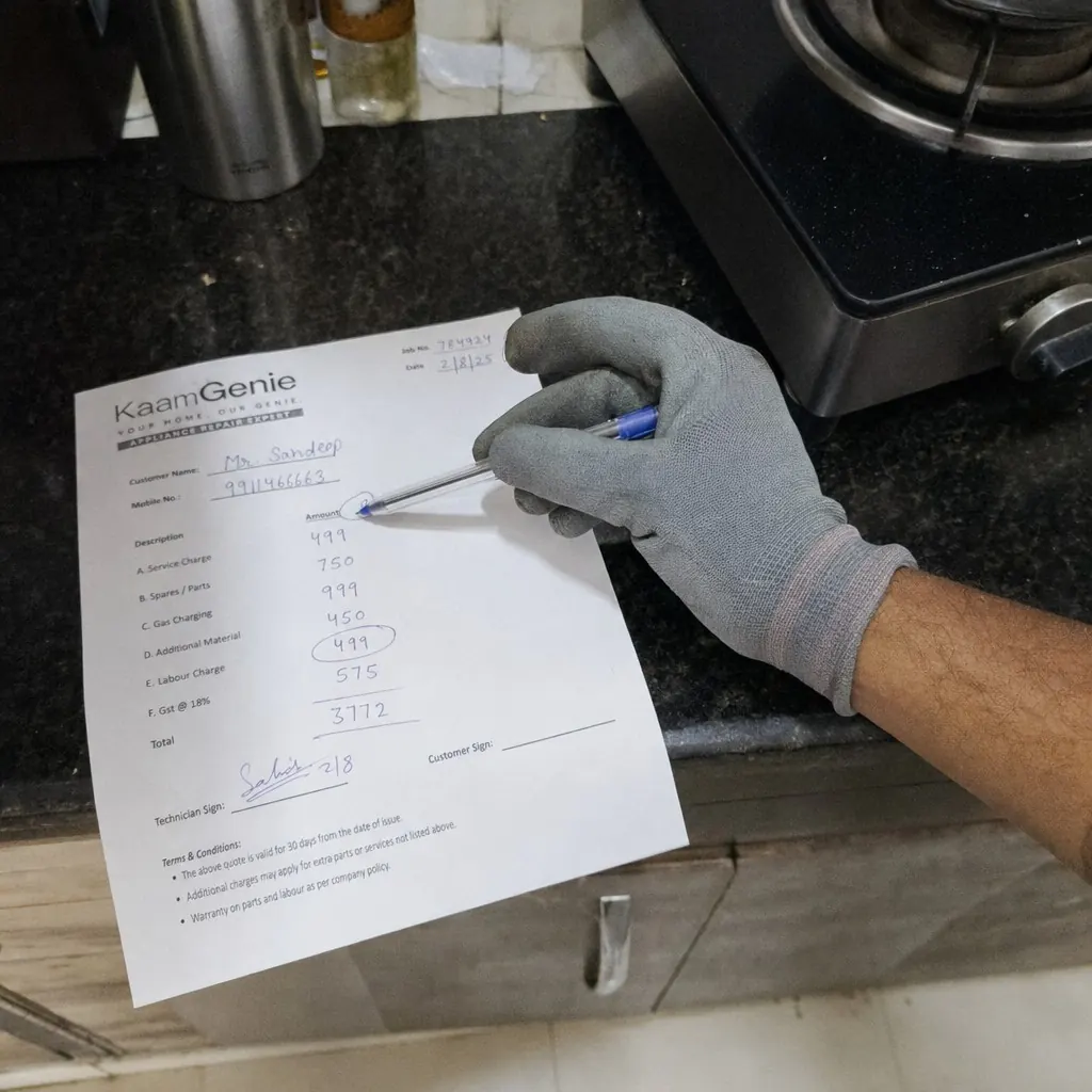 KaamGenie technician applying termite injection at a Delhi apartment wall-floor junction