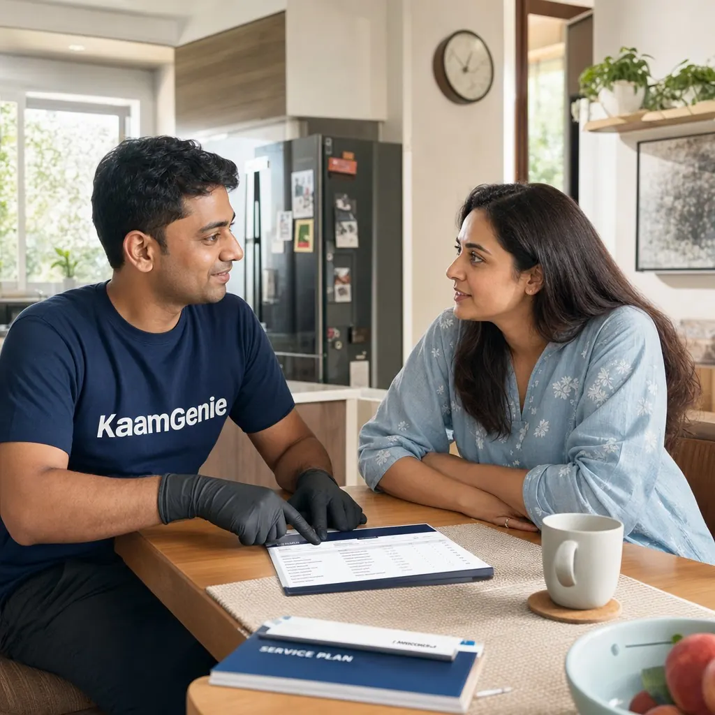 KaamGenie technician filling out a written warranty and invoice for a Delhi homeowner