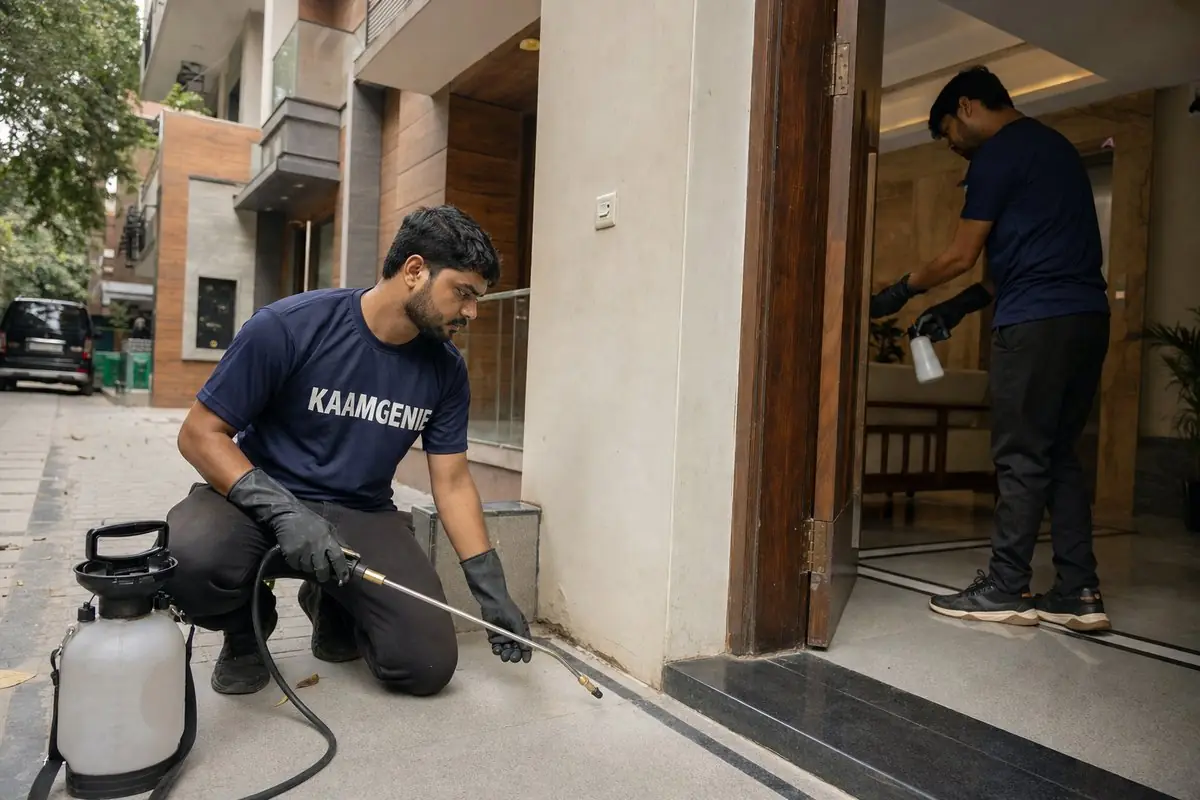 KaamGenie pest control technician treating a Dayanand Colony property in South Delhi