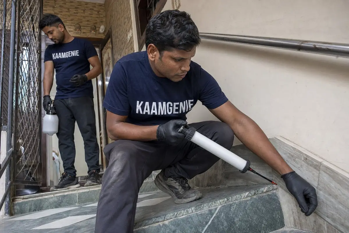 KaamGenie pest control technician treating a Deoli property in South Delhi