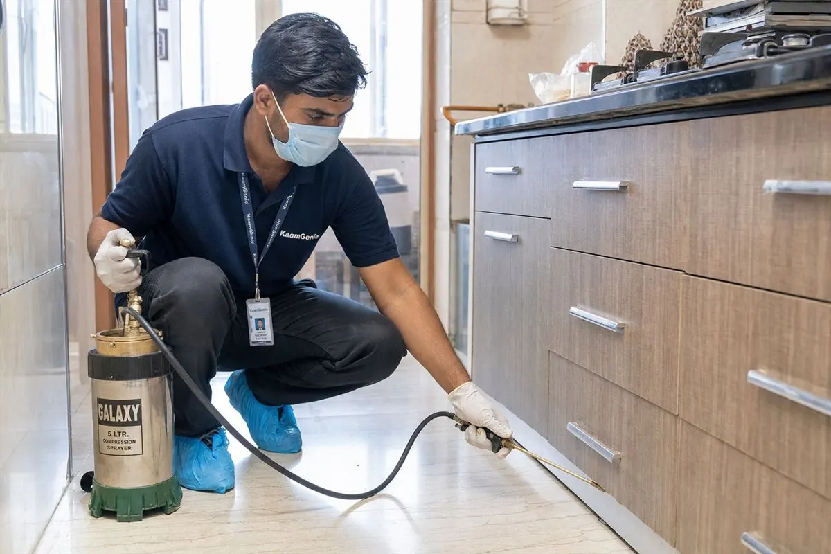 KaamGenie pest control technician treating a Dwarka property in South-West Delhi