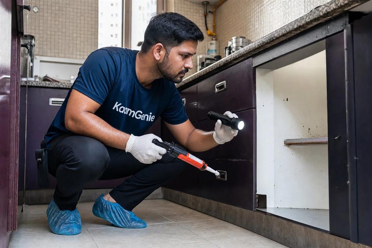 KaamGenie pest control technician treating a Dwarka Mor property in West Delhi