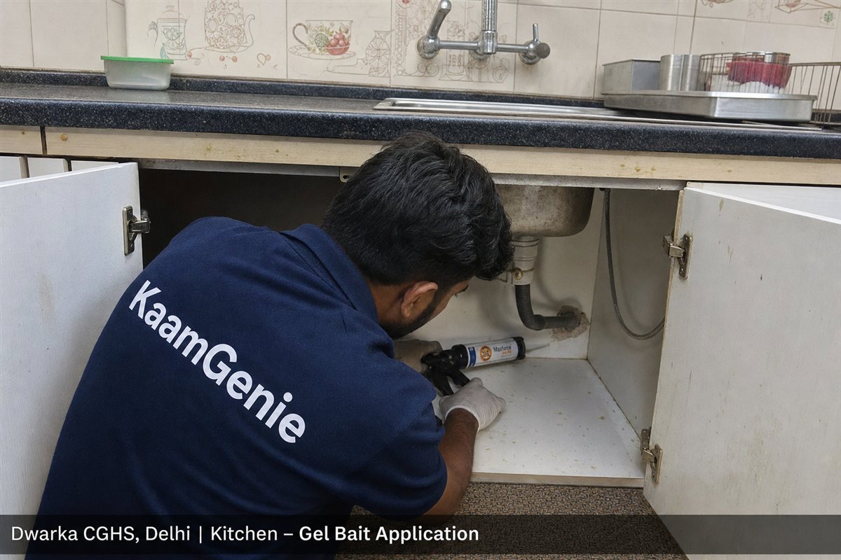KaamGenie pest control technician treating a Dwarka Sector 1 property in West Delhi
