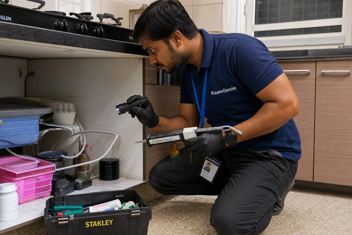 KaamGenie pest control technician treating a Dwarka Sector 12 property in West Delhi