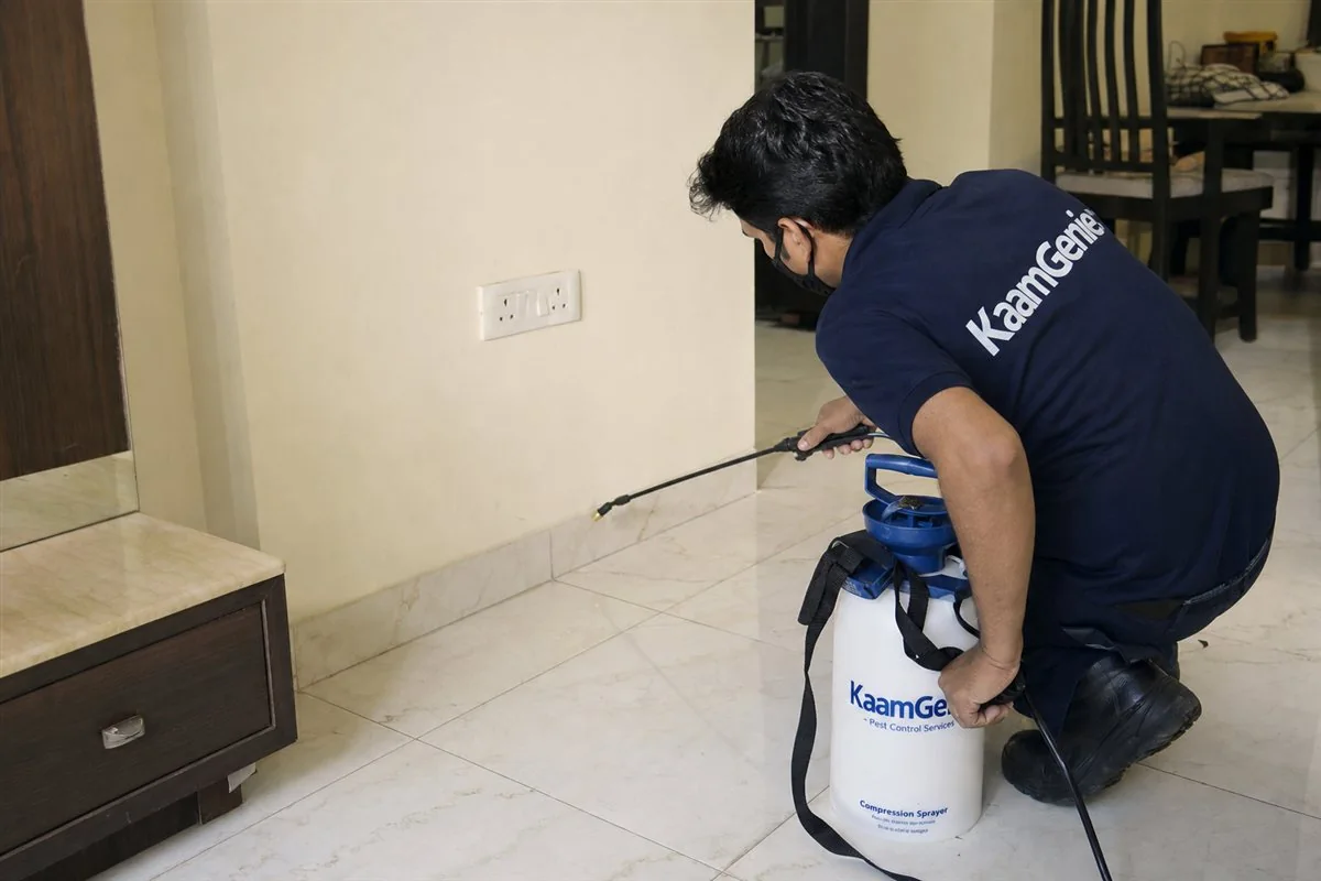 KaamGenie pest control technician treating a Dwarka Sector 17 property in West Delhi