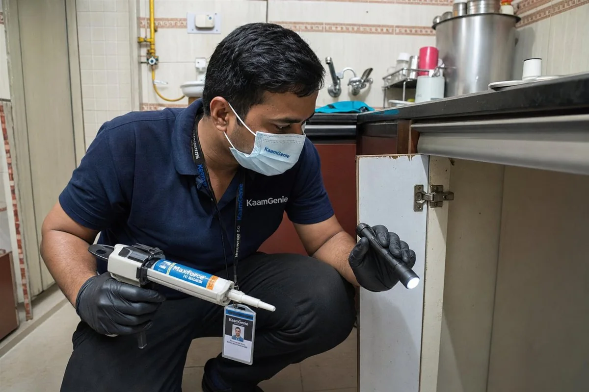 KaamGenie pest control technician treating a Dwarka Sector 18 property in West Delhi