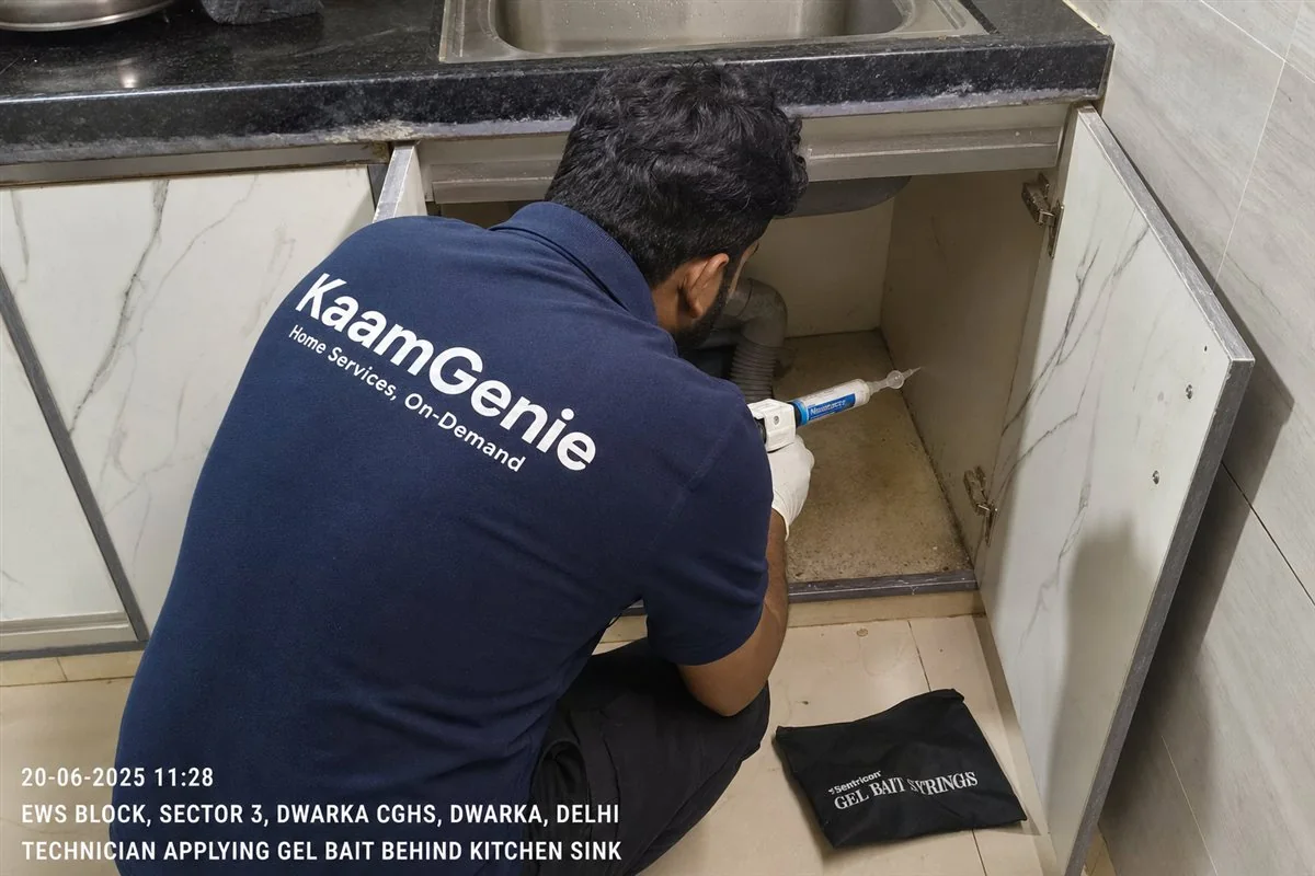 KaamGenie pest control technician treating a Dwarka Sector 19 property in West Delhi