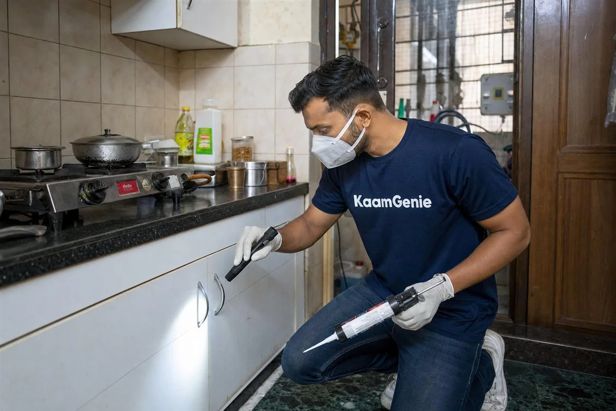 KaamGenie pest control technician treating a Dwarka Sector 24 property in West Delhi