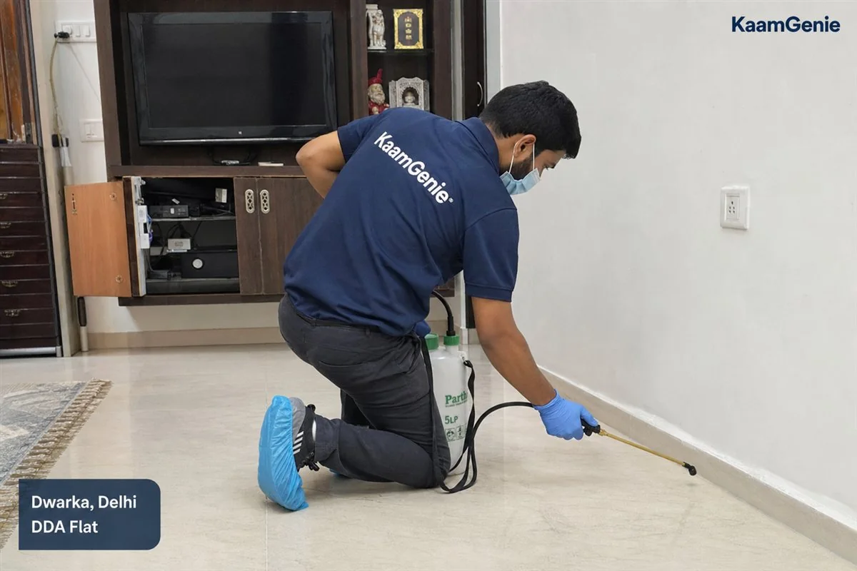 KaamGenie pest control technician treating a Dwarka Sector 29 property in West Delhi