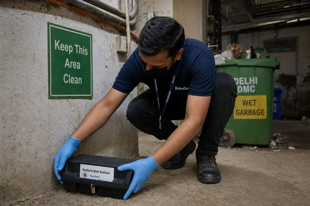 KaamGenie pest control technician treating a Dwarka Sector 9 property in West Delhi