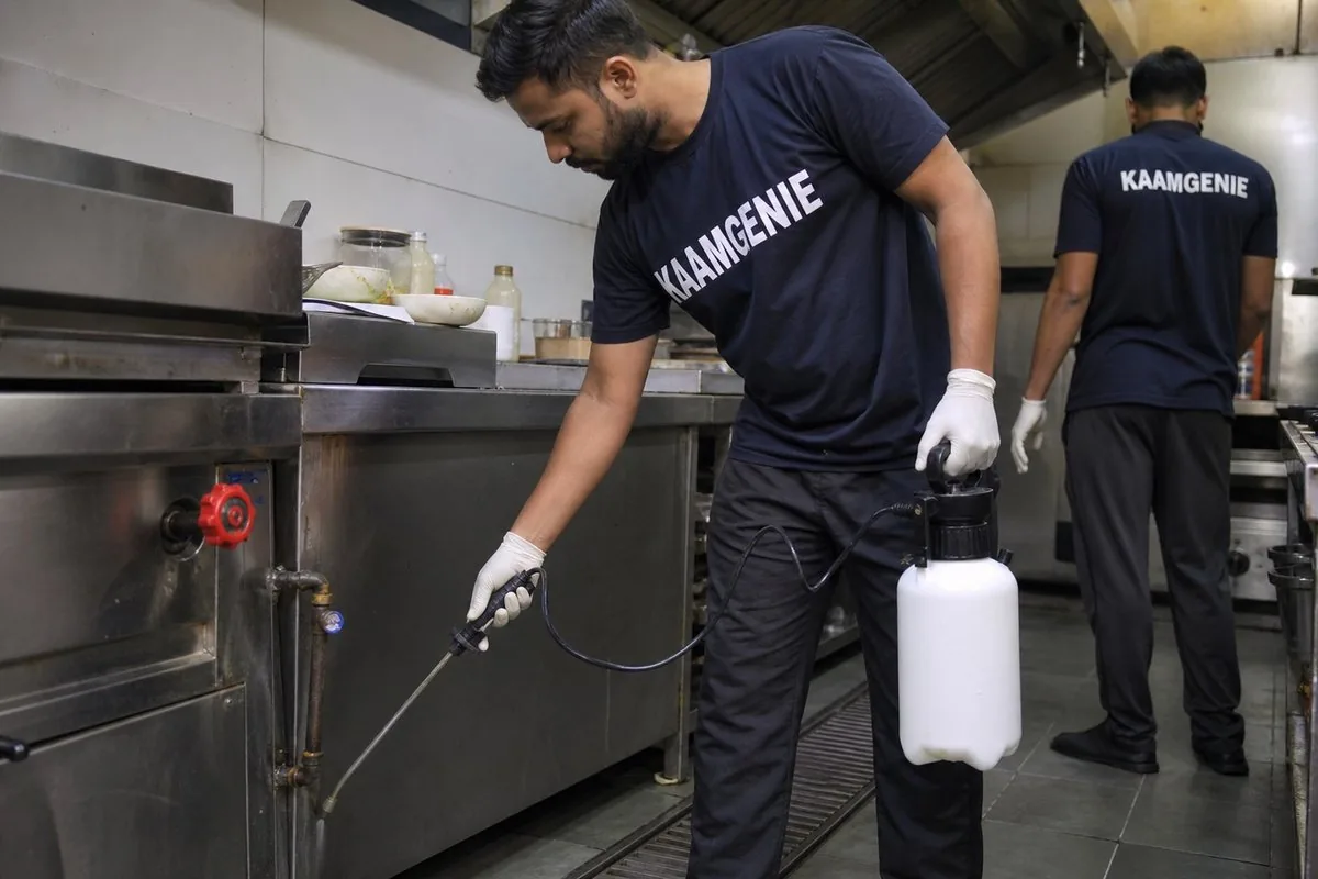 KaamGenie pest control technician treating a Ajronda property in Faridabad