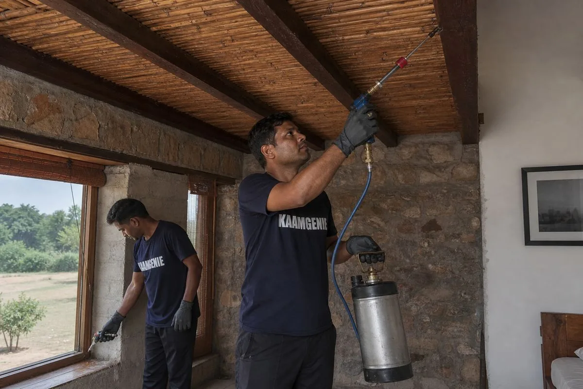 KaamGenie pest control technician treating a Anangpur property in Faridabad