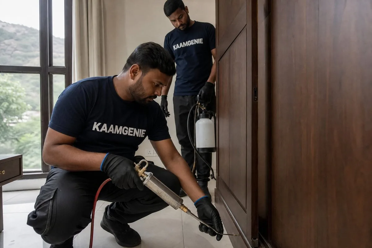 KaamGenie pest control technician treating a Badkhal property in Faridabad