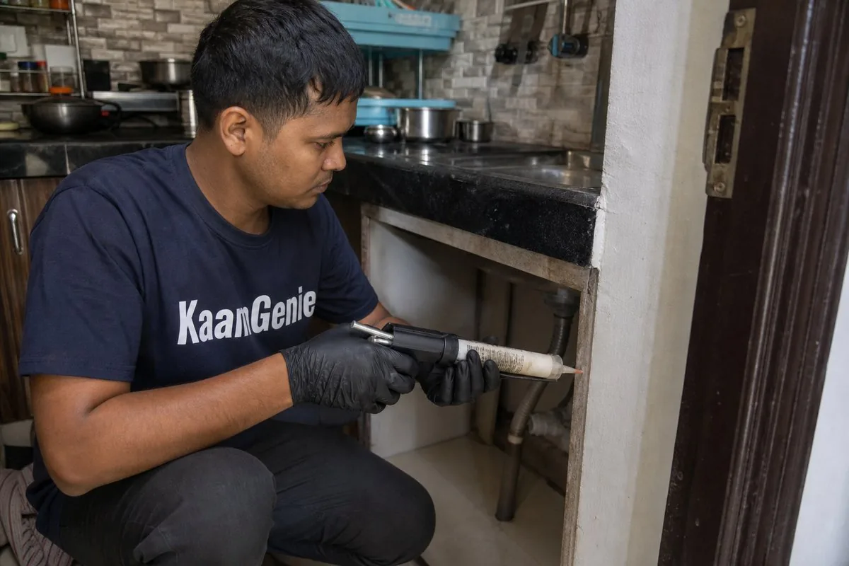 KaamGenie pest control technician treating a Baselwa Colony property in Faridabad
