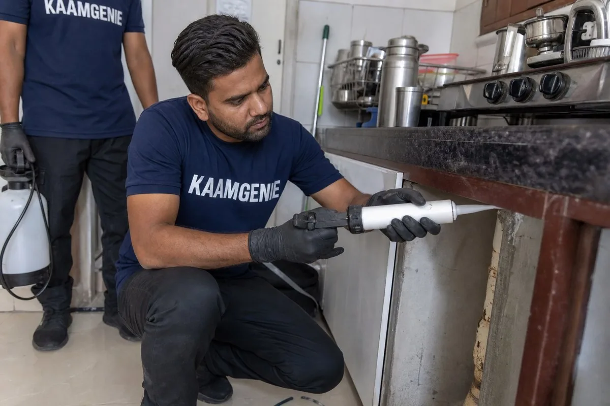 KaamGenie pest control technician treating a Bhatia Colony property in Faridabad