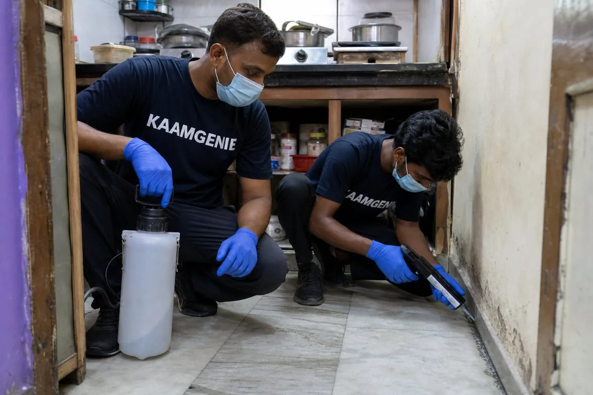 KaamGenie pest control technician treating a Dabua Colony property in Faridabad