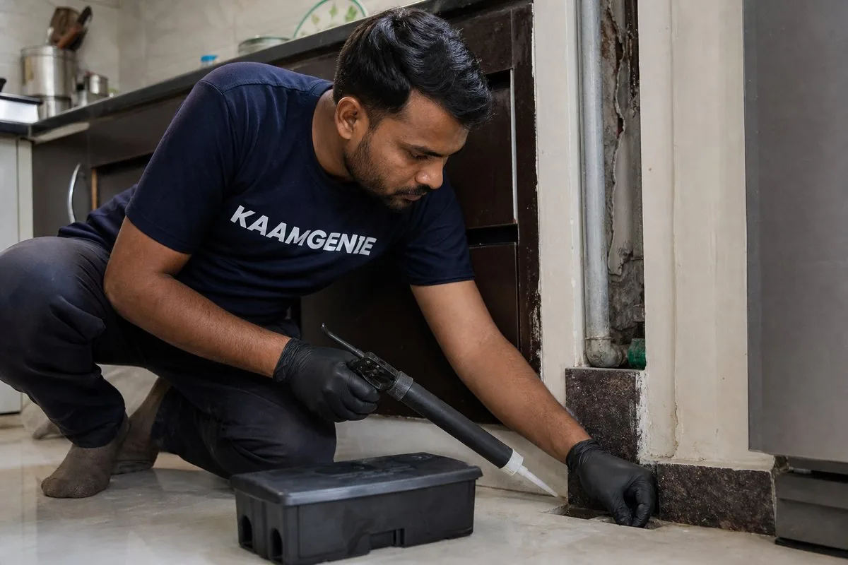 KaamGenie pest control technician treating a Friends Colony property in Faridabad